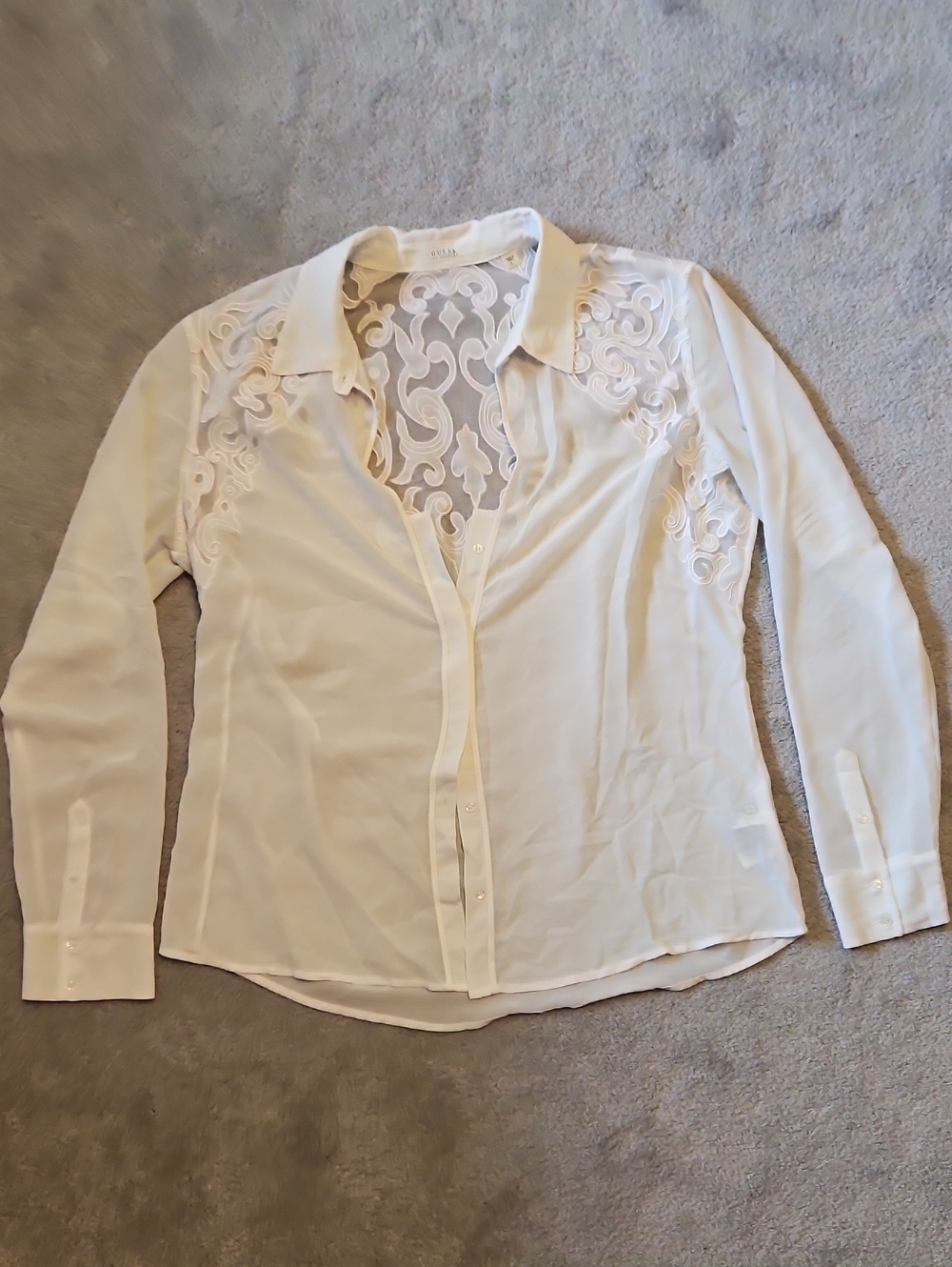Guess White Sheer Lace-Inset Button-Down Blouse